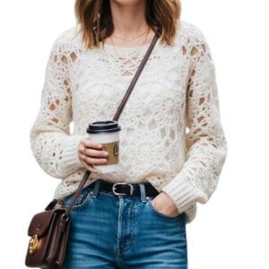 Cream Dainty Mandala Knit Mohair Textured Scoopneck Sweater L